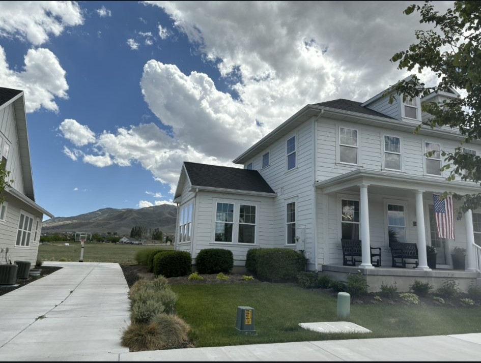 Painted home exterior, angled view